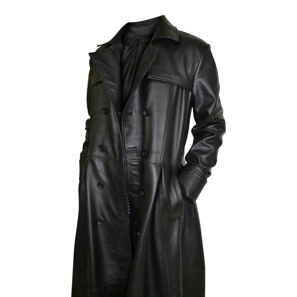 Mens Black Slim Fit Genuine Leather Double Breasted Gothic Trench Long Coat