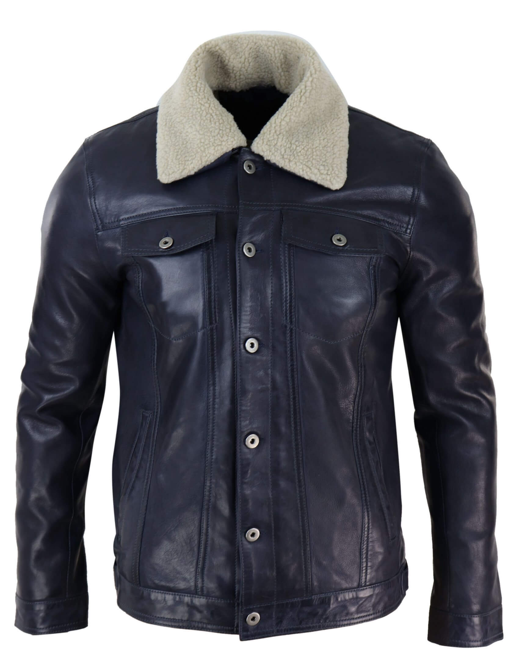 Leather Lex Navy Frost Fur Collar Jacket