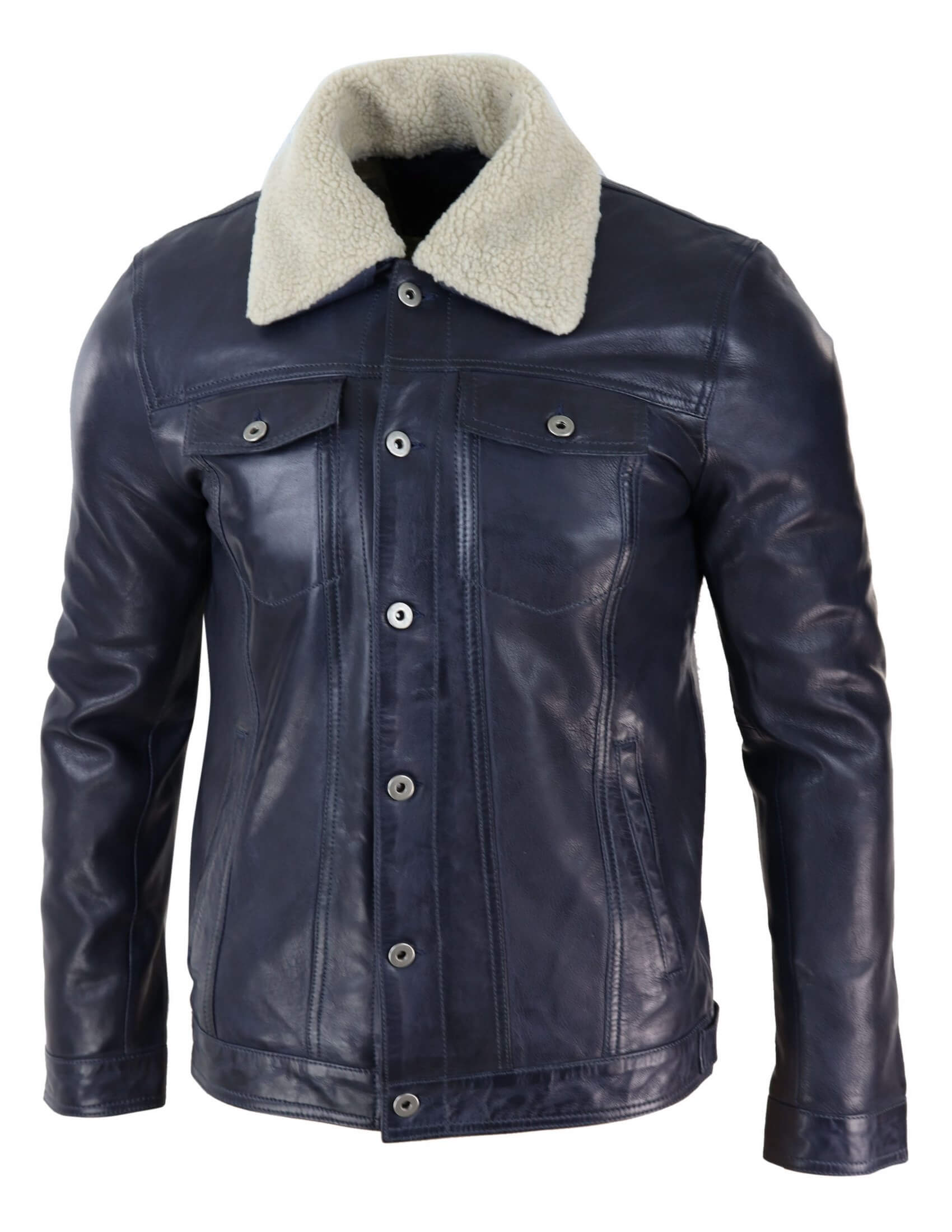 Leather Lex Navy Frost Fur Collar Jacket 5