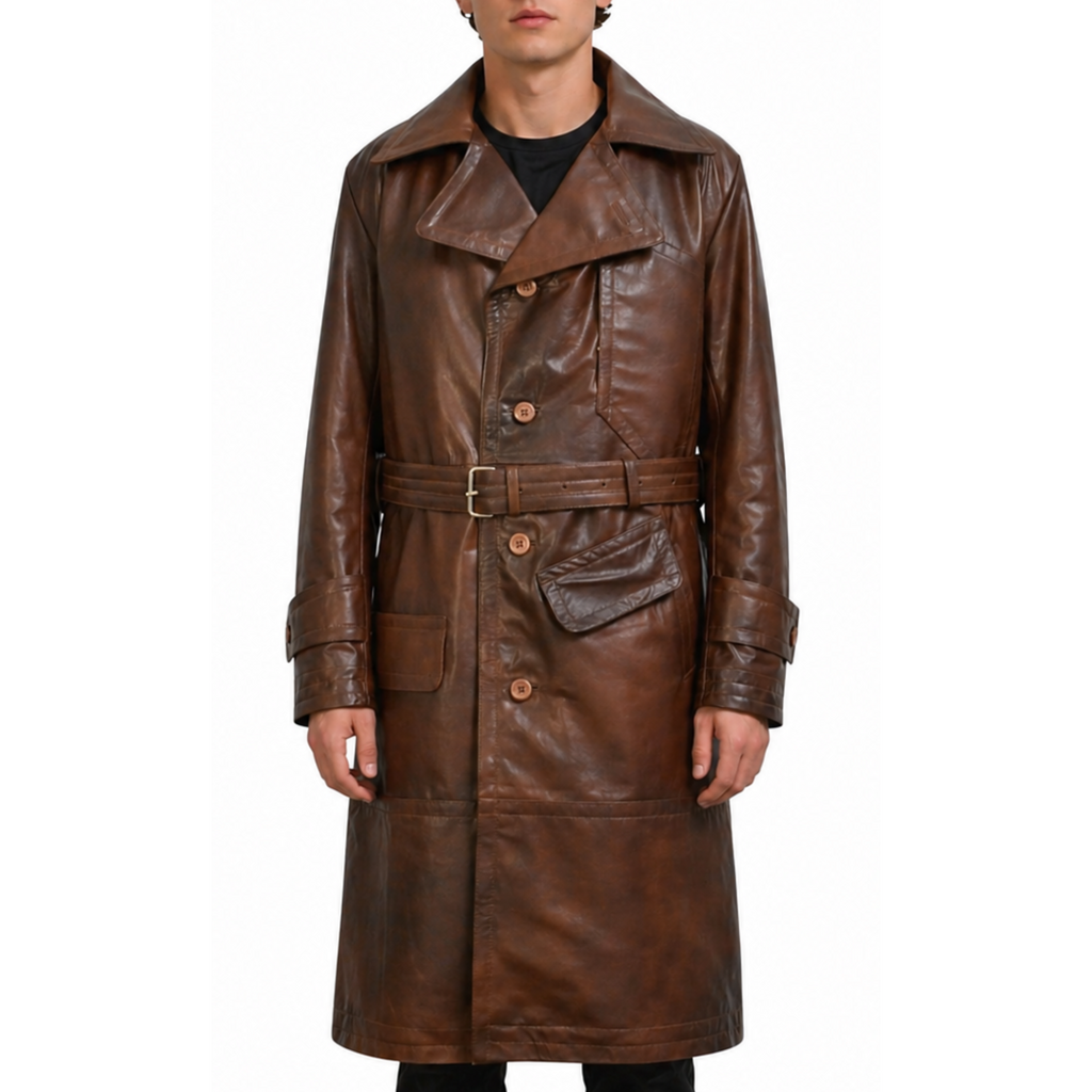 World War 1 R.F.C. Genuine Leather Flying Trench Belted Waxed Coat