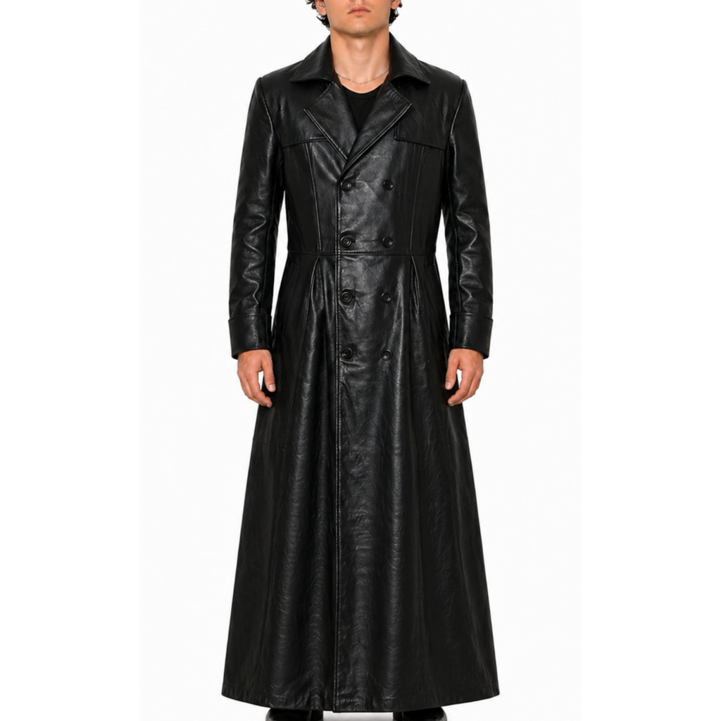 Mens Black Slim Fit Genuine Leather Double Breasted Gothic Trench Long Coat