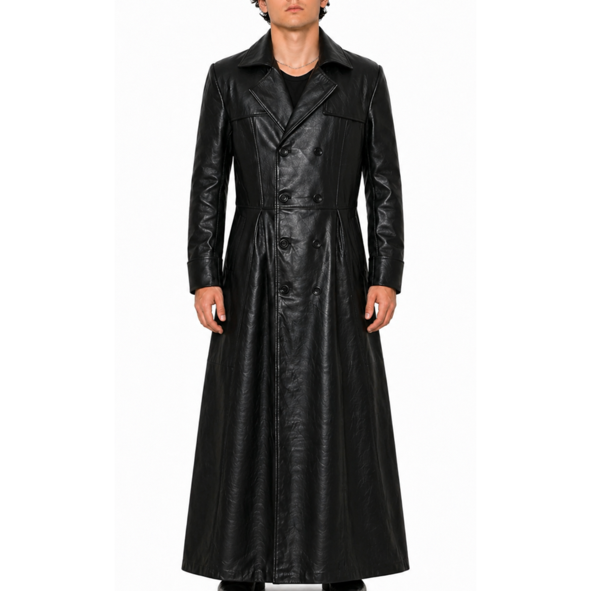Mens Black Slim Fit Genuine Leather Double Breasted Gothic Trench Long Coat