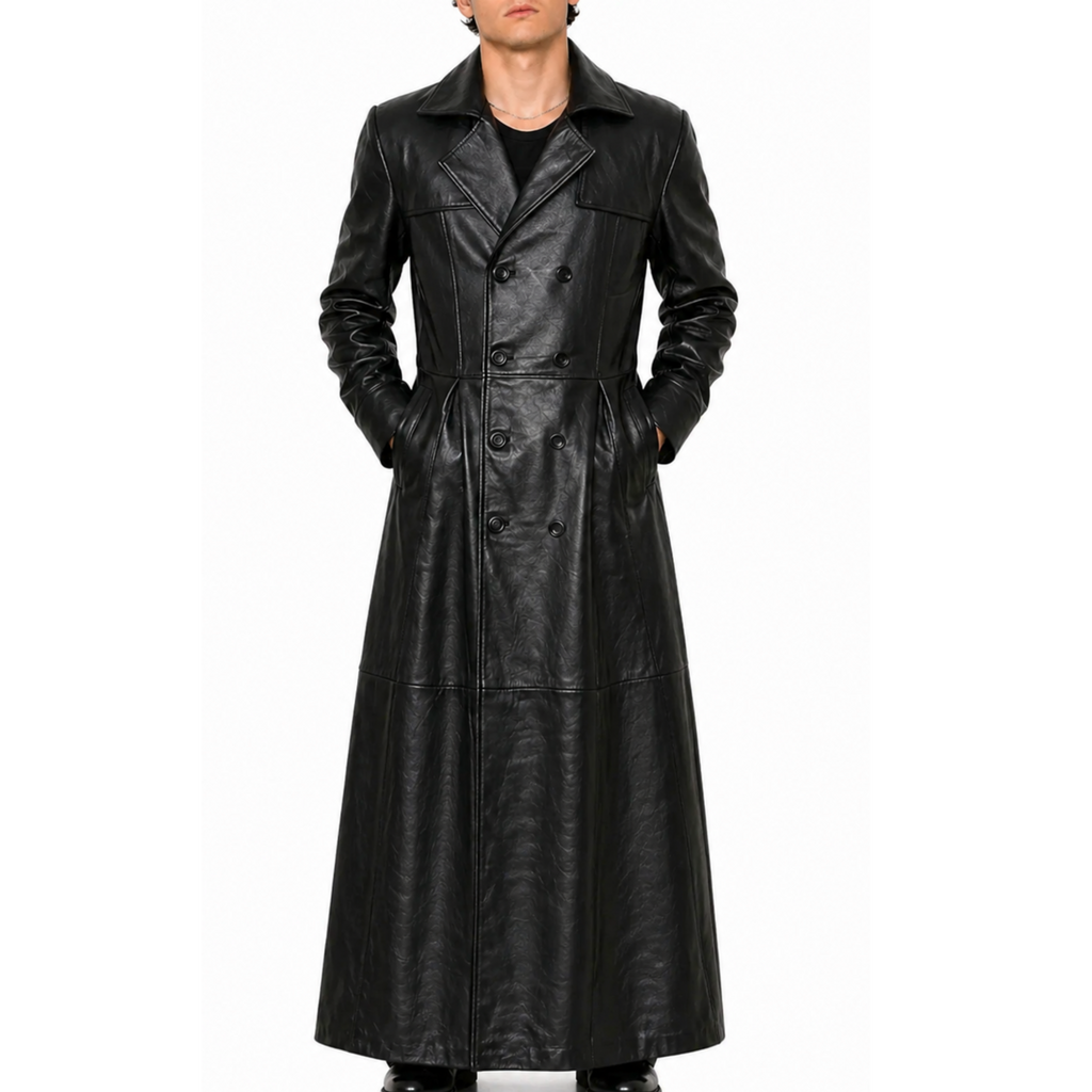 Mens Black Slim Fit Genuine Leather Double Breasted Gothic Trench Long Coat