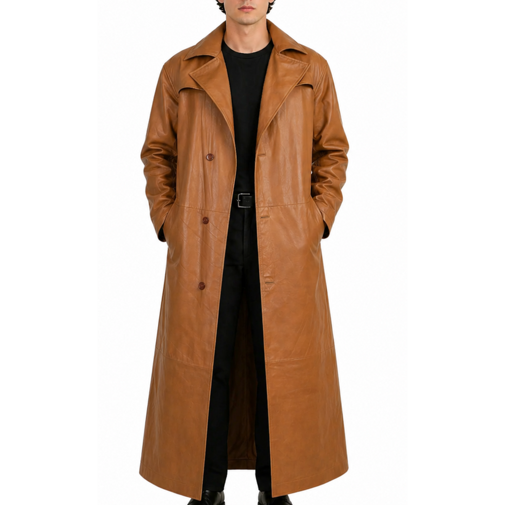 Men's Fashion Brown Distressed Super Leather Trench Bat Coat