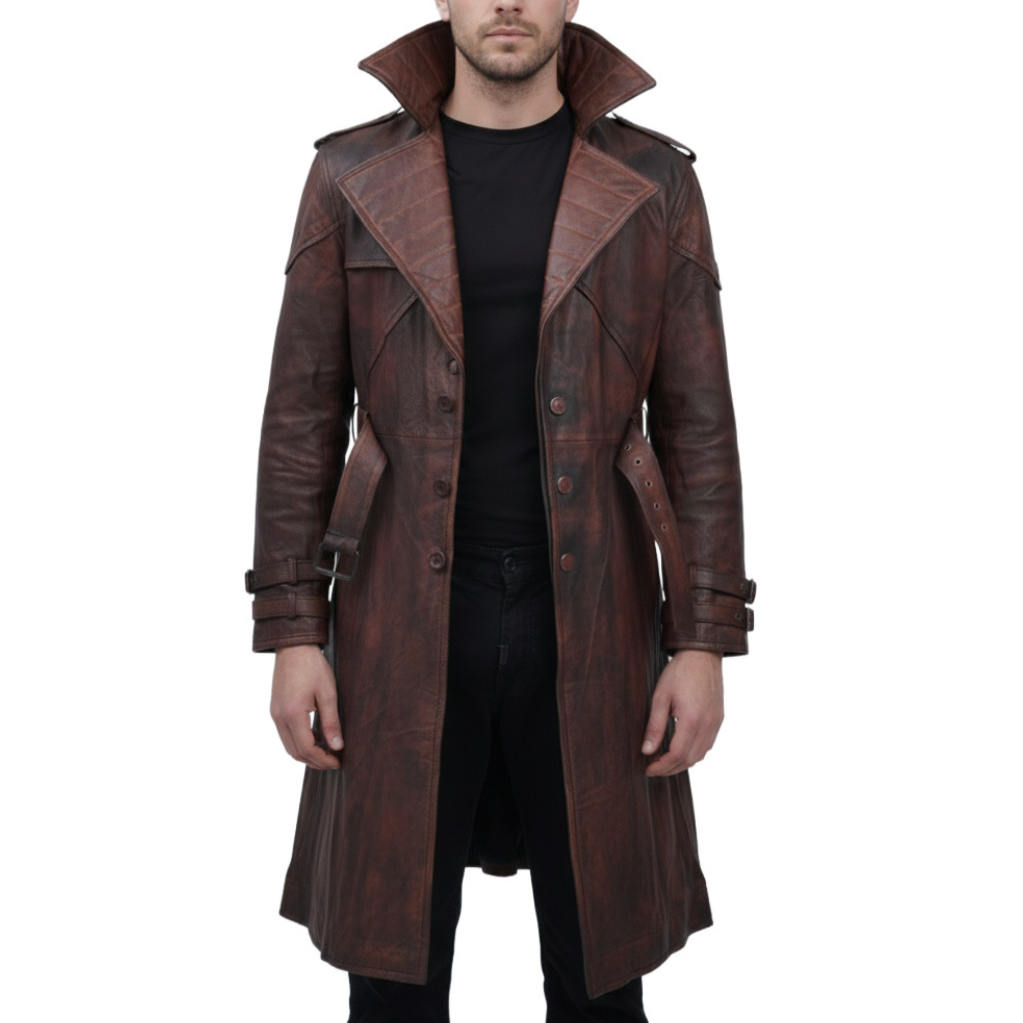 Mens Brown Vintage Leather Gambit Weathered Trench Coat