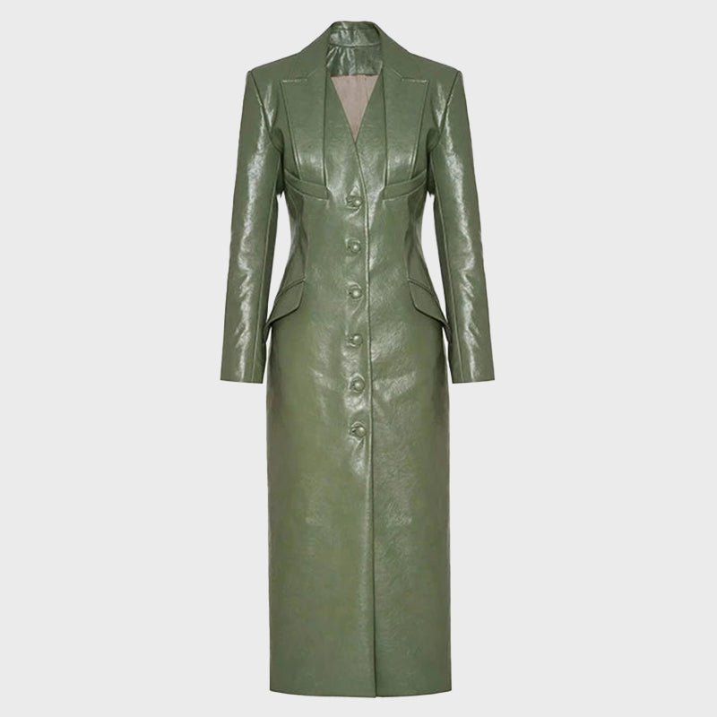 womens-green-long-leather-coat