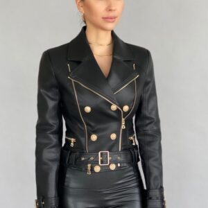 Double-Breasted Power Leather Jacket