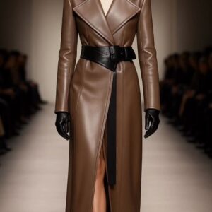 Mocha Runway Designer Leather Long Coat