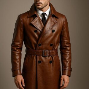 Men’s Luxury Brown Genuine Leather Long Coat