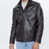 Black Rib Collar Leather Jacket